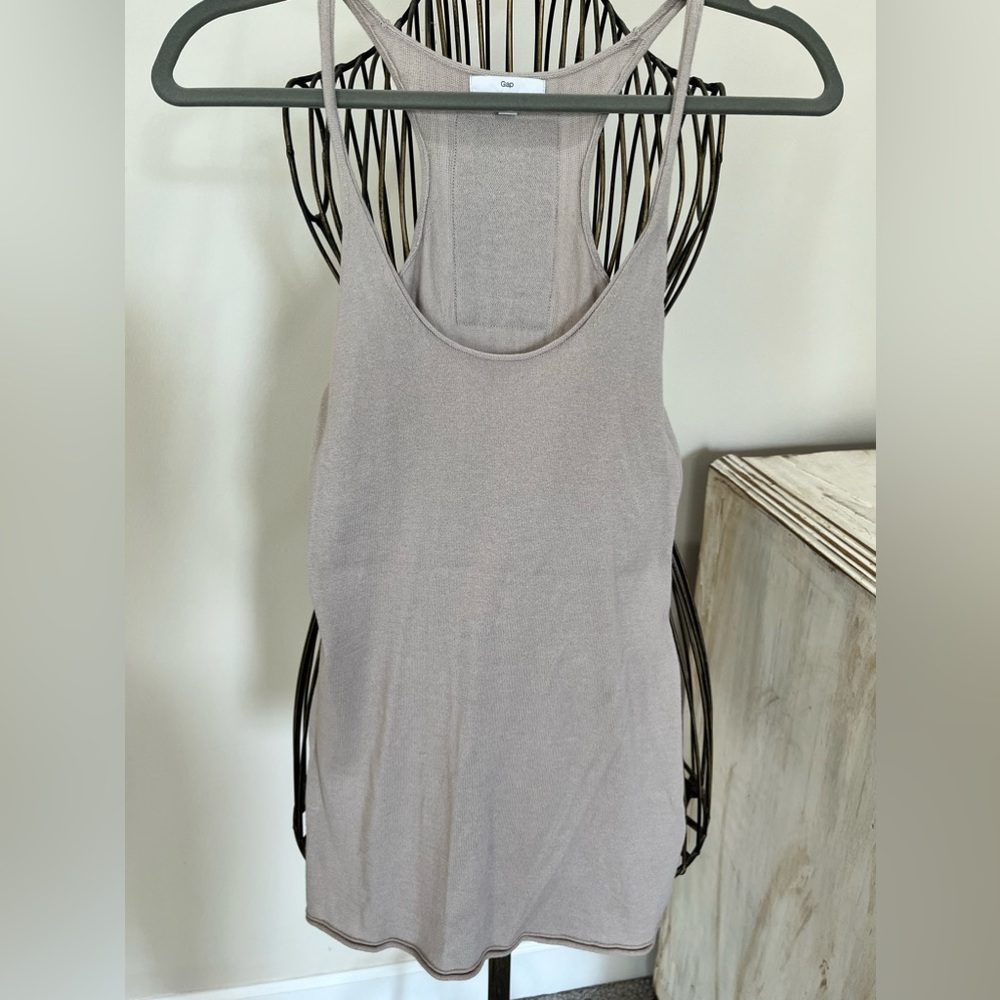 Racerback Sweater tank; sequin insert on reverse.